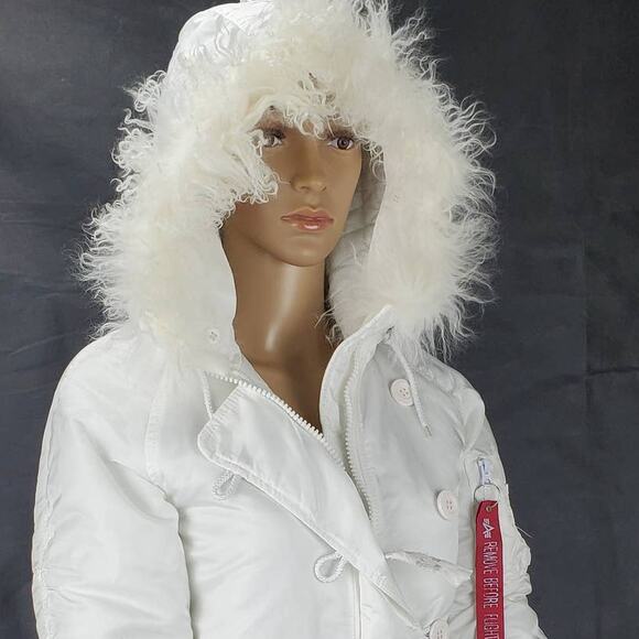 Alpha Industries White Parka Ski Coat Faux Fur Hood Gorpcore Thigh Length Jacket - Picture 3 of 10